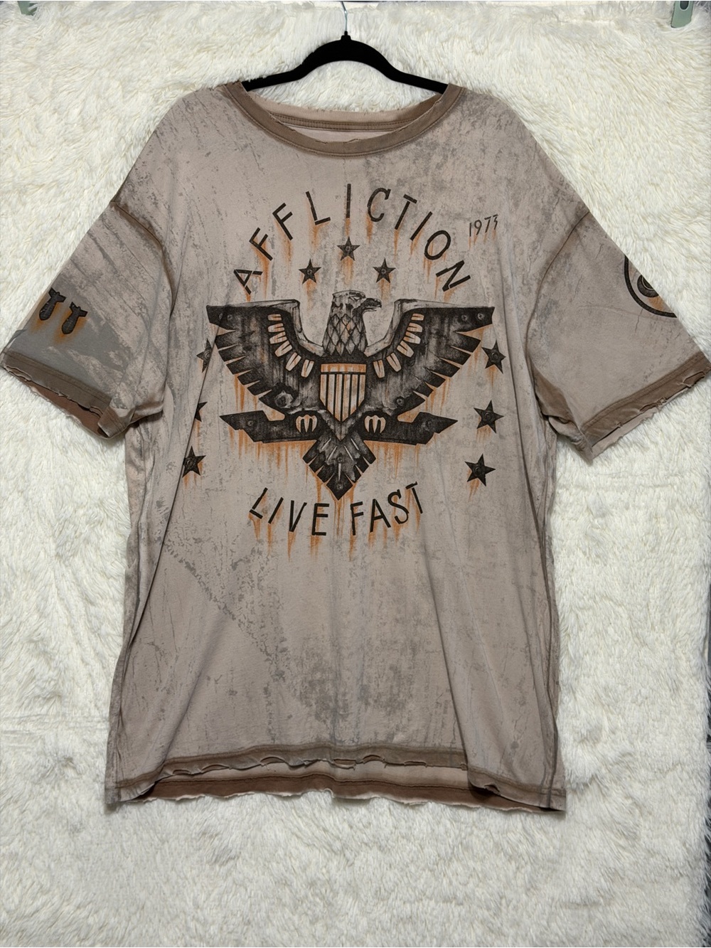 Y2K Affliction Mens Distressed Live Fast Graphic T-Shirt Size 3XL Brown Biker